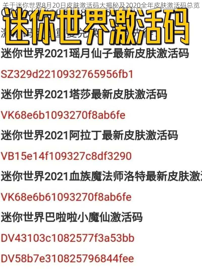 关于迷你世界8月20日皮肤激活码大揭秘及2020全年皮肤激活码总览