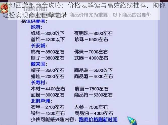 梦幻西游跑商全攻略：价格表解读与高效路线推荐，助你轻松实现商业巨擘之梦